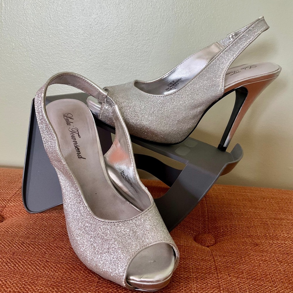 Lulu Townsend Silver Glitter Peep Toe Slingback Platform Pumps Heels Stiletto 7